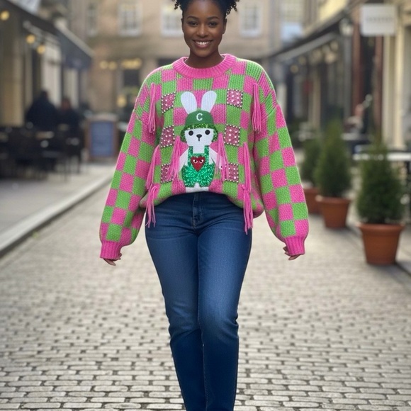 NWOT Pink and Green Checkered Sweater with Bunny Design - Picture 12 of 12